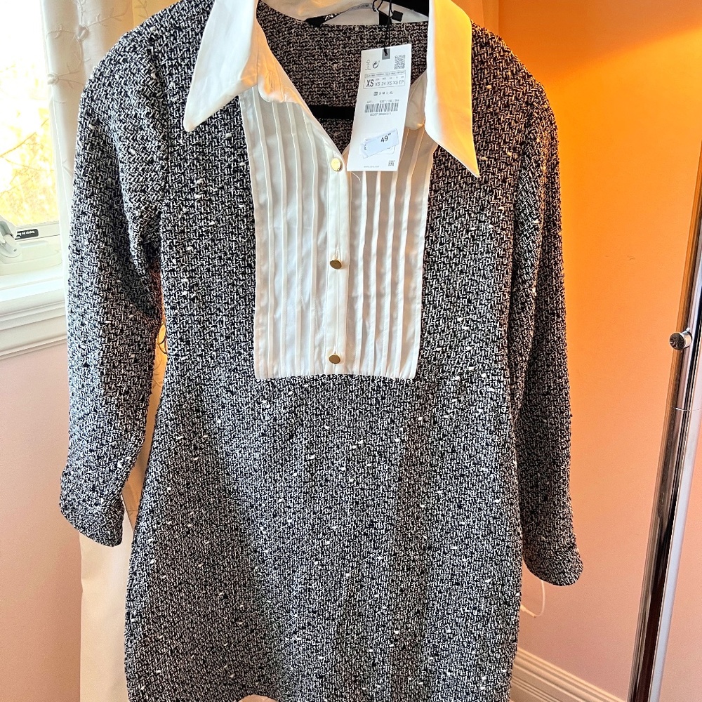 Zara Tweed Black & White dress with Cream Bodice